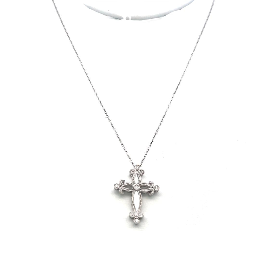 14K White Gold Cross Pendant Necklace 0.06 Carat Round G VS Diamonds 18 Inch