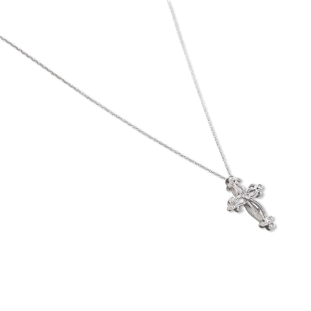 14K White Gold Cross Pendant Necklace 0.06 Carat Round G VS Diamonds 18 Inch