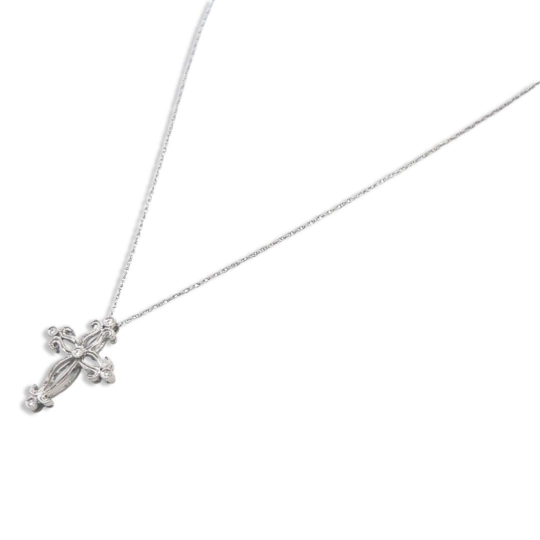 14K White Gold Cross Pendant Necklace 0.06 Carat Round G VS Diamonds 18 Inch