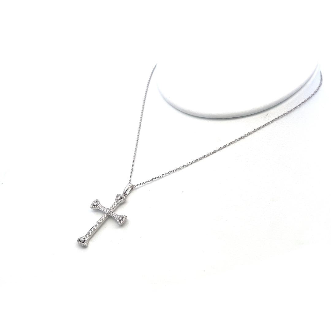 14K White Gold Cross Pendant Neckalce with 0.25 Carat Round G VS Diamonds 18in