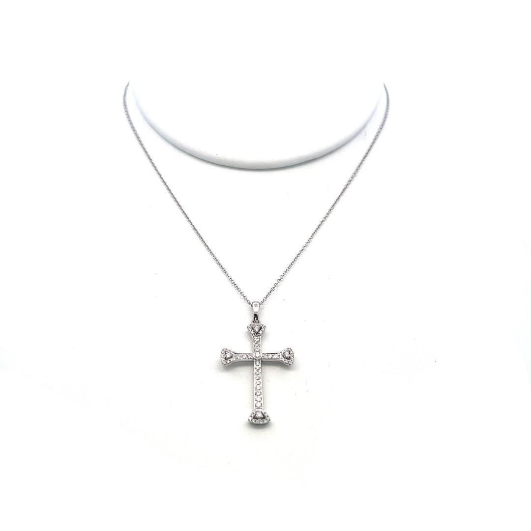 14K White Gold Cross Pendant Neckalce with 0.25 Carat Round G VS Diamonds 18in