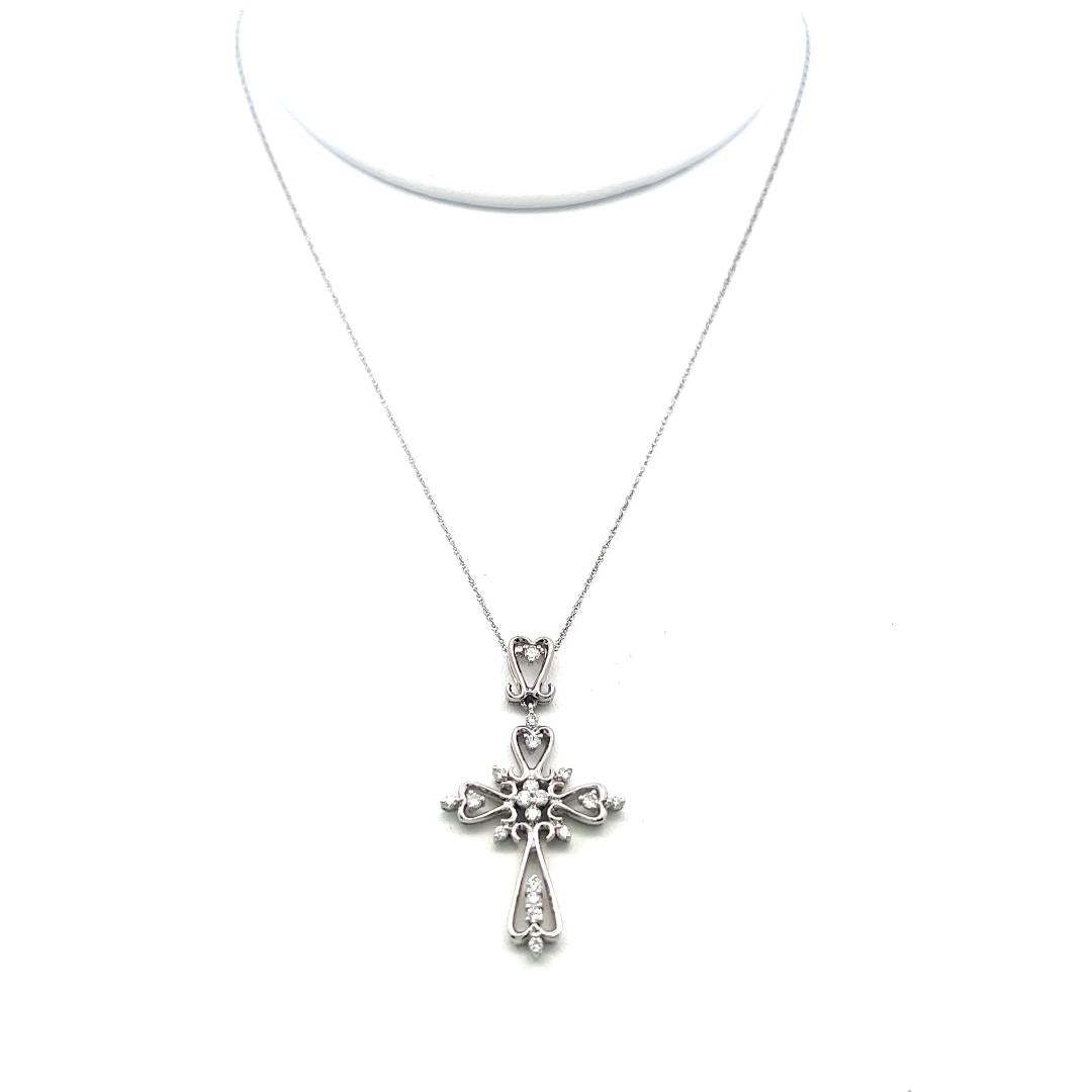 14K White Gold Cross Pendant Necklace 0.33 Carat Round G VS Diamonds 18 Inch