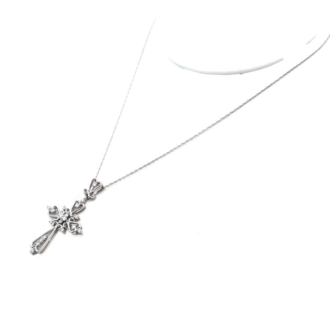 14K White Gold Cross Pendant Necklace 0.33 Carat Round G VS Diamonds 18 Inch