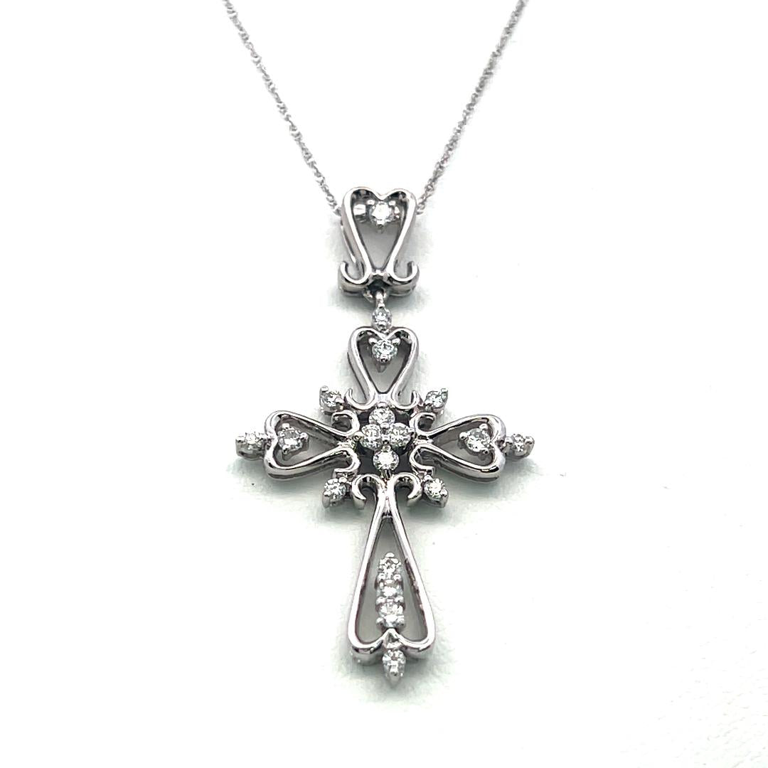 14K White Gold Cross Pendant Necklace 0.33 Carat Round G VS Diamonds 18 Inch