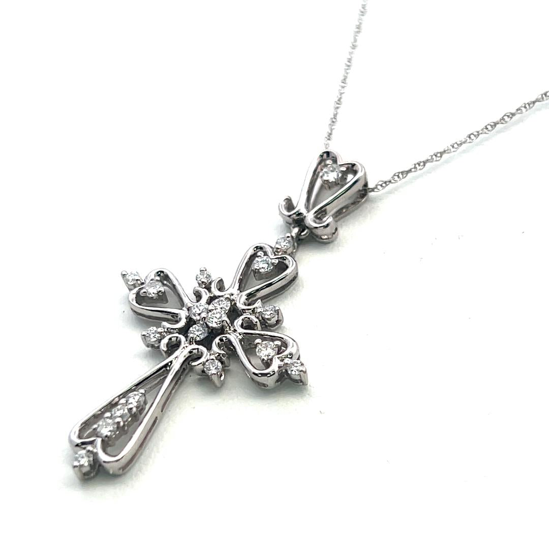 14K White Gold Cross Pendant Necklace 0.33 Carat Round G VS Diamonds 18 Inch