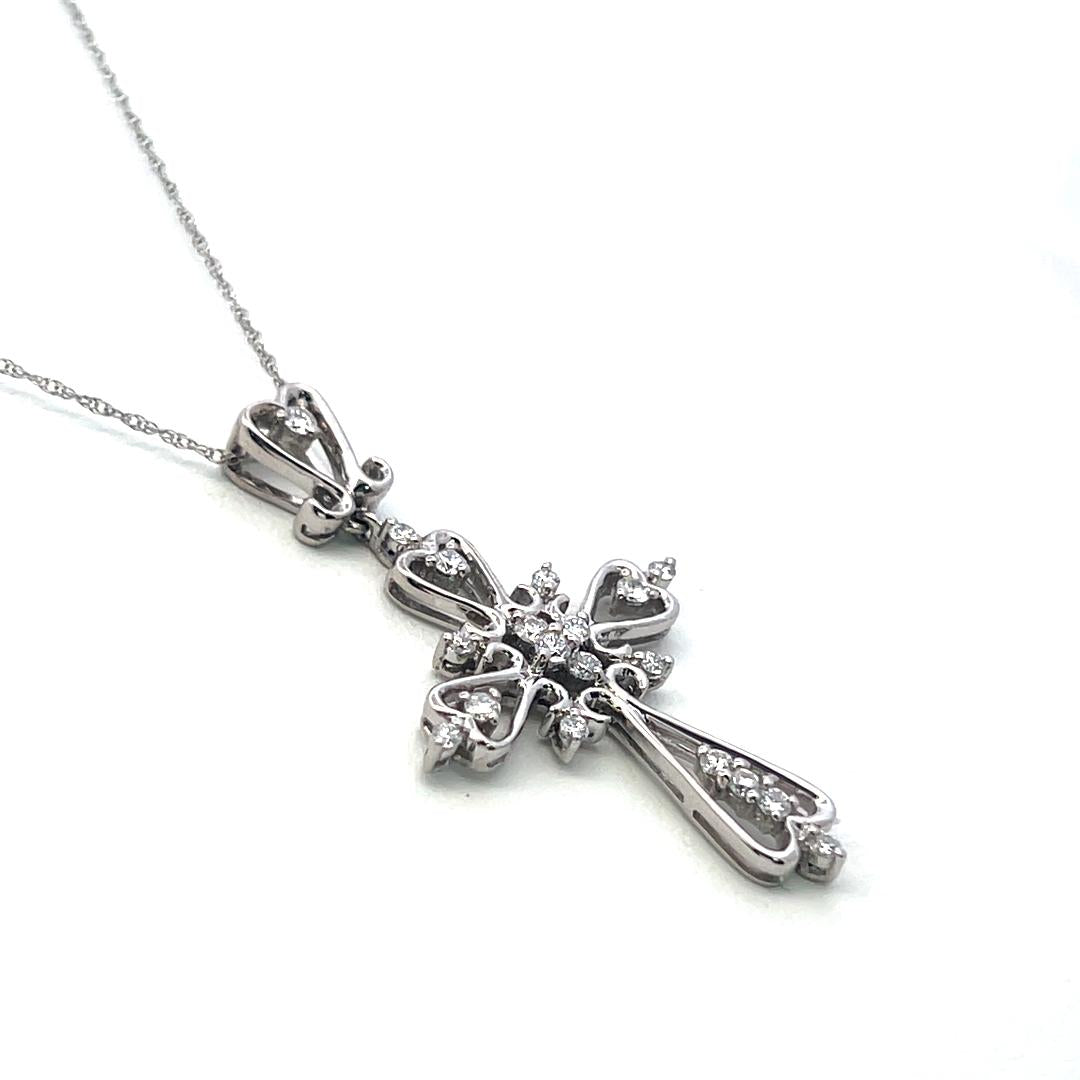 14K White Gold Cross Pendant Necklace 0.33 Carat Round G VS Diamonds 18 Inch