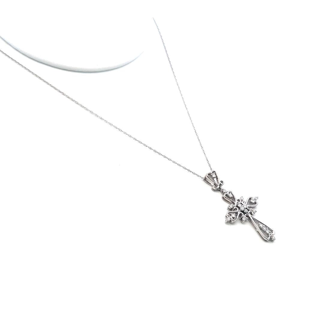 14K White Gold Cross Pendant Necklace 0.33 Carat Round G VS Diamonds 18 Inch