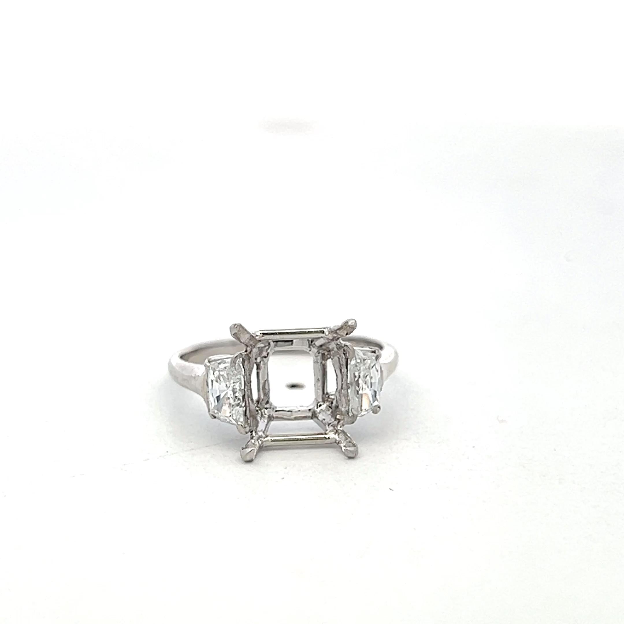 Platinum Semi Mount Ring with 0.52ct Trapezoid Diamonds Fits 9.5x9.6mm 3.00ct+