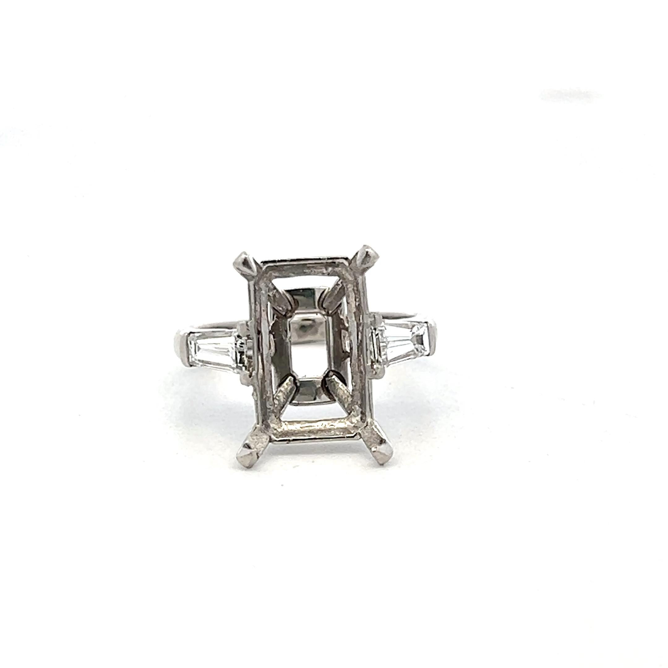 Platinum Semi Mount Ring 0.63 Carat Tapered Baguette Diamonds Fits 2.4x8.8mm