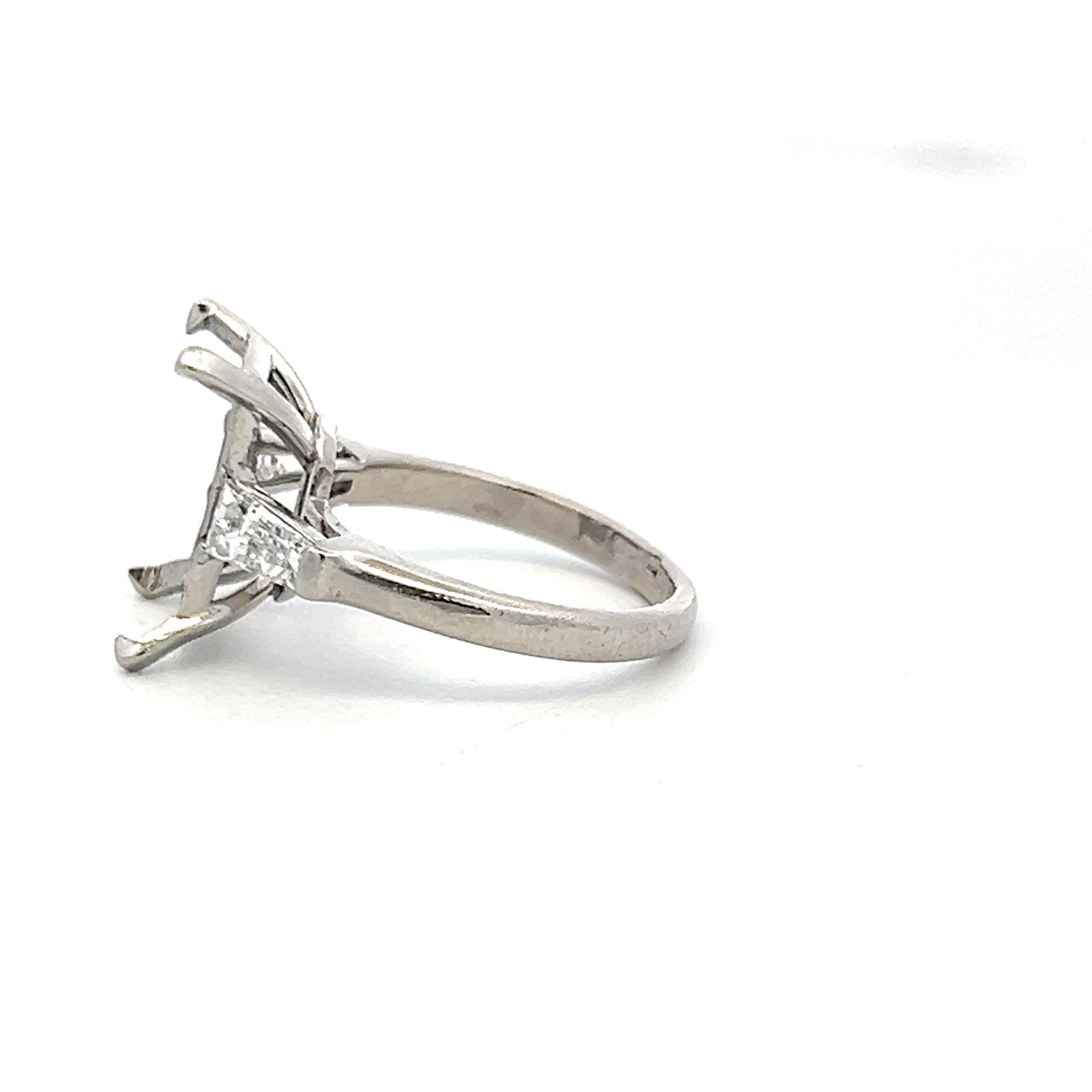 Platinum Semi Mount Ring 0.63 Carat Tapered Baguette Diamonds Fits 2.4x8.8mm