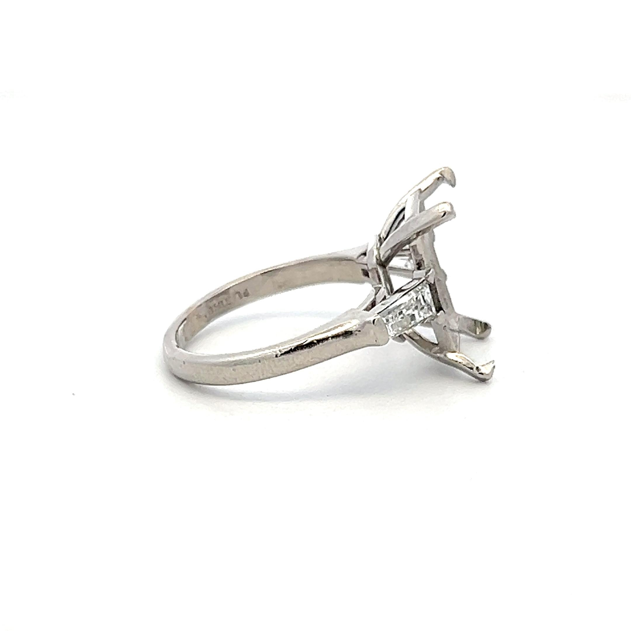Platinum Semi Mount Ring 0.63 Carat Tapered Baguette Diamonds Fits 2.4x8.8mm