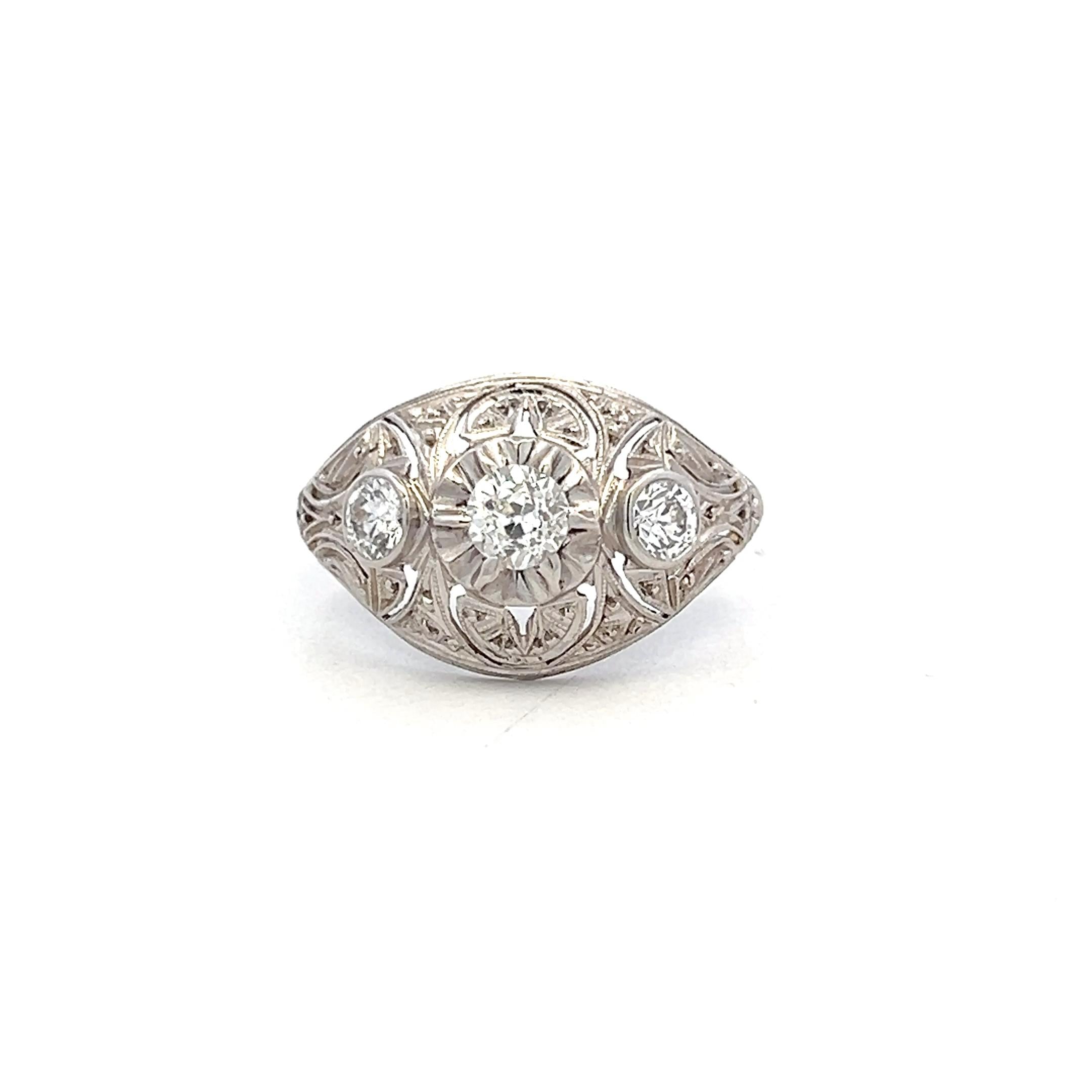 Platinum Art Deco Ring with 0.78 Carat Old European Cut Diamonds Size 6.75