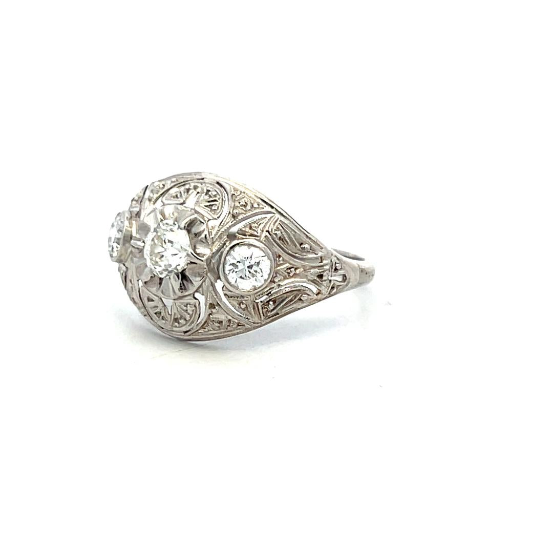 Platinum Art Deco Ring with 0.78 Carat Old European Cut Diamonds Size 6.75