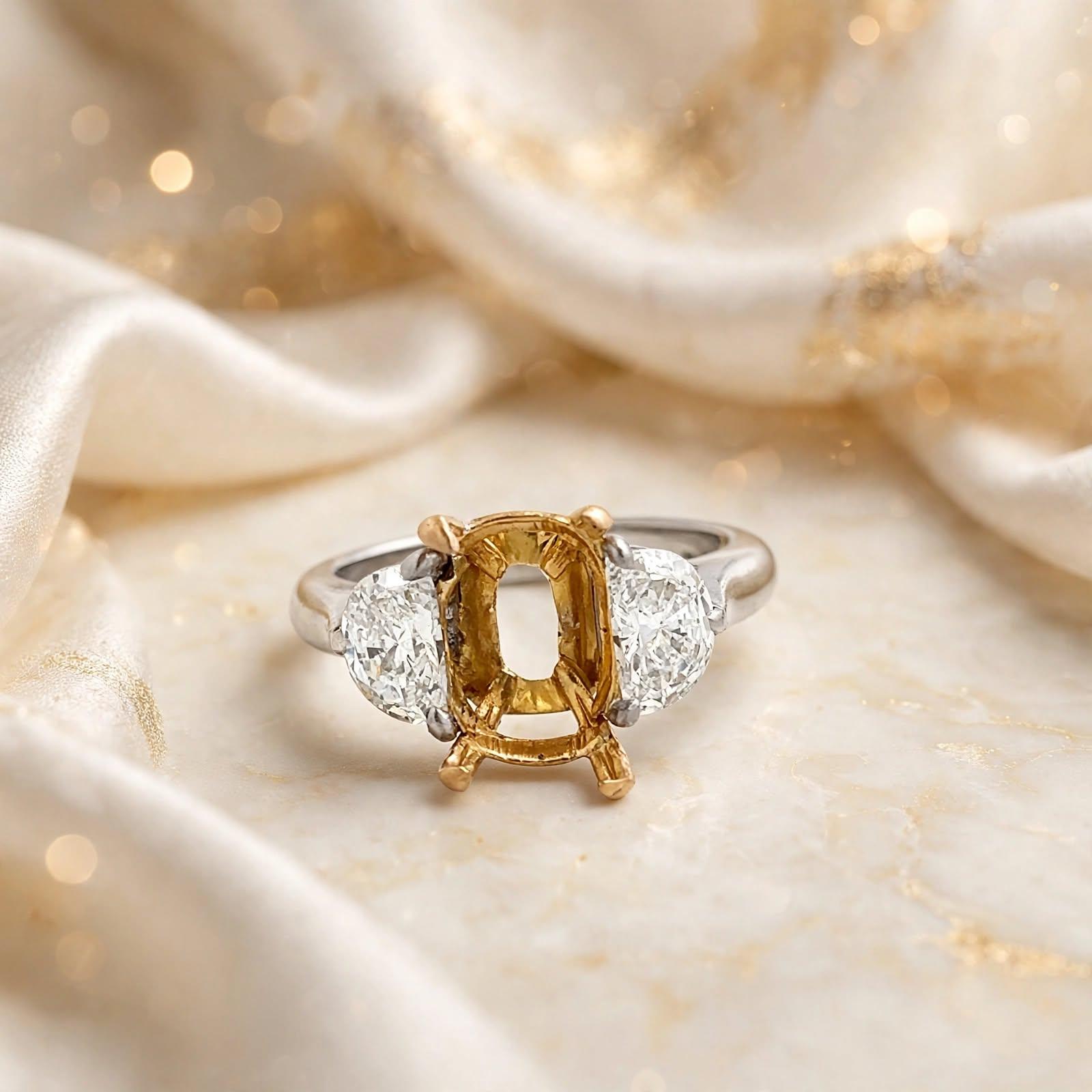 18K Two Tone Gold/Plat Semi Mount Ring 0.92ct Half Moon Diamonds Fits 10x8mm GIA