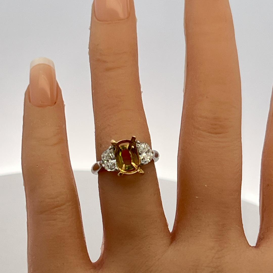 18K Two Tone Gold/Plat Semi Mount Ring 0.92ct Half Moon Diamonds Fits 10x8mm GIA