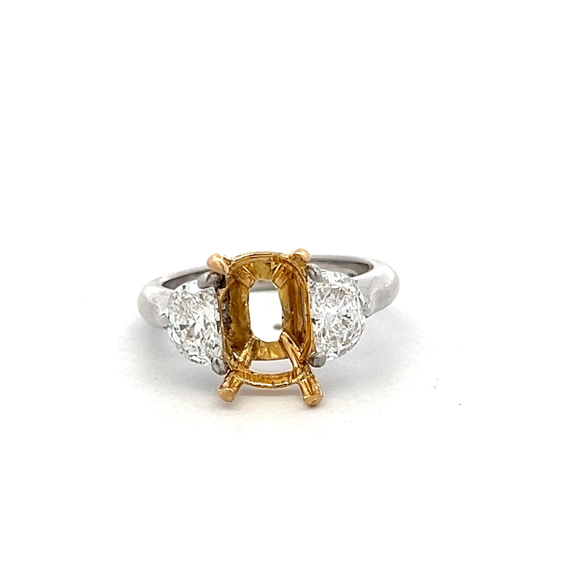 18K Two Tone Gold/Plat Semi Mount Ring 0.92ct Half Moon Diamonds Fits 10x8mm GIA
