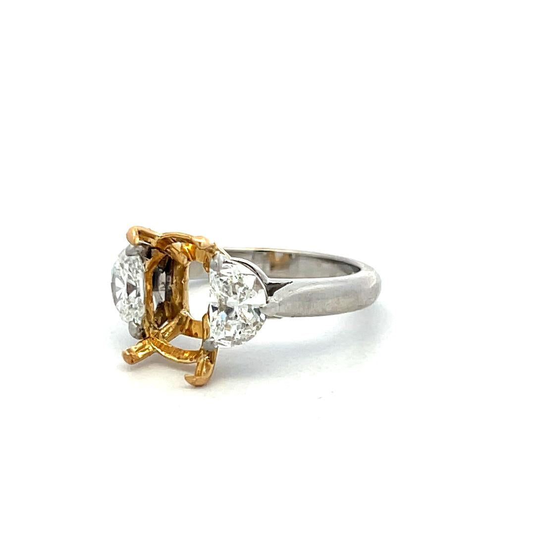 18K Two Tone Gold/Plat Semi Mount Ring 0.92ct Half Moon Diamonds Fits 10x8mm GIA