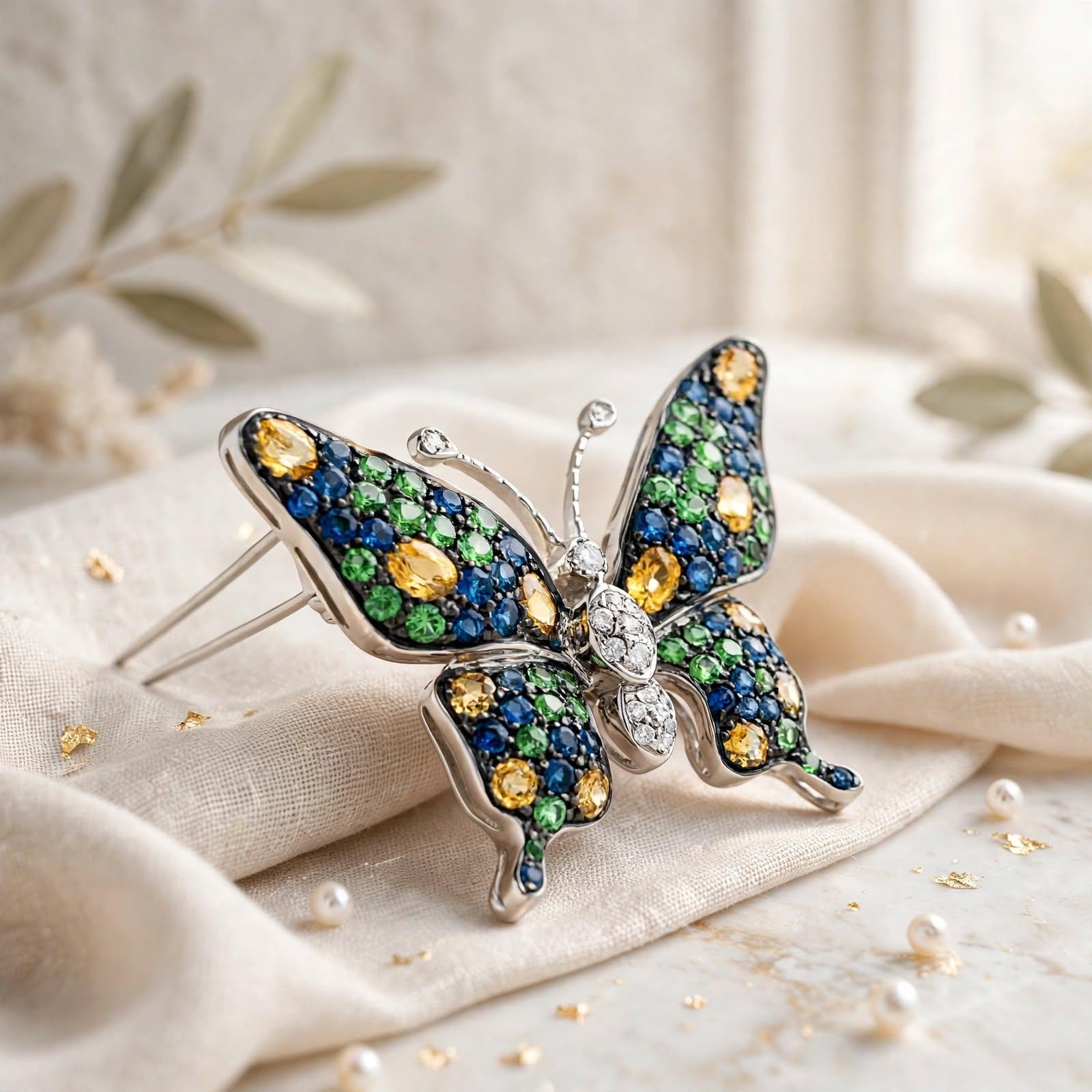 18K WG Butterfly Pin Brooch 0.14ct Diamonds 1.2ct Sapphires & 0.8ct Demantoid