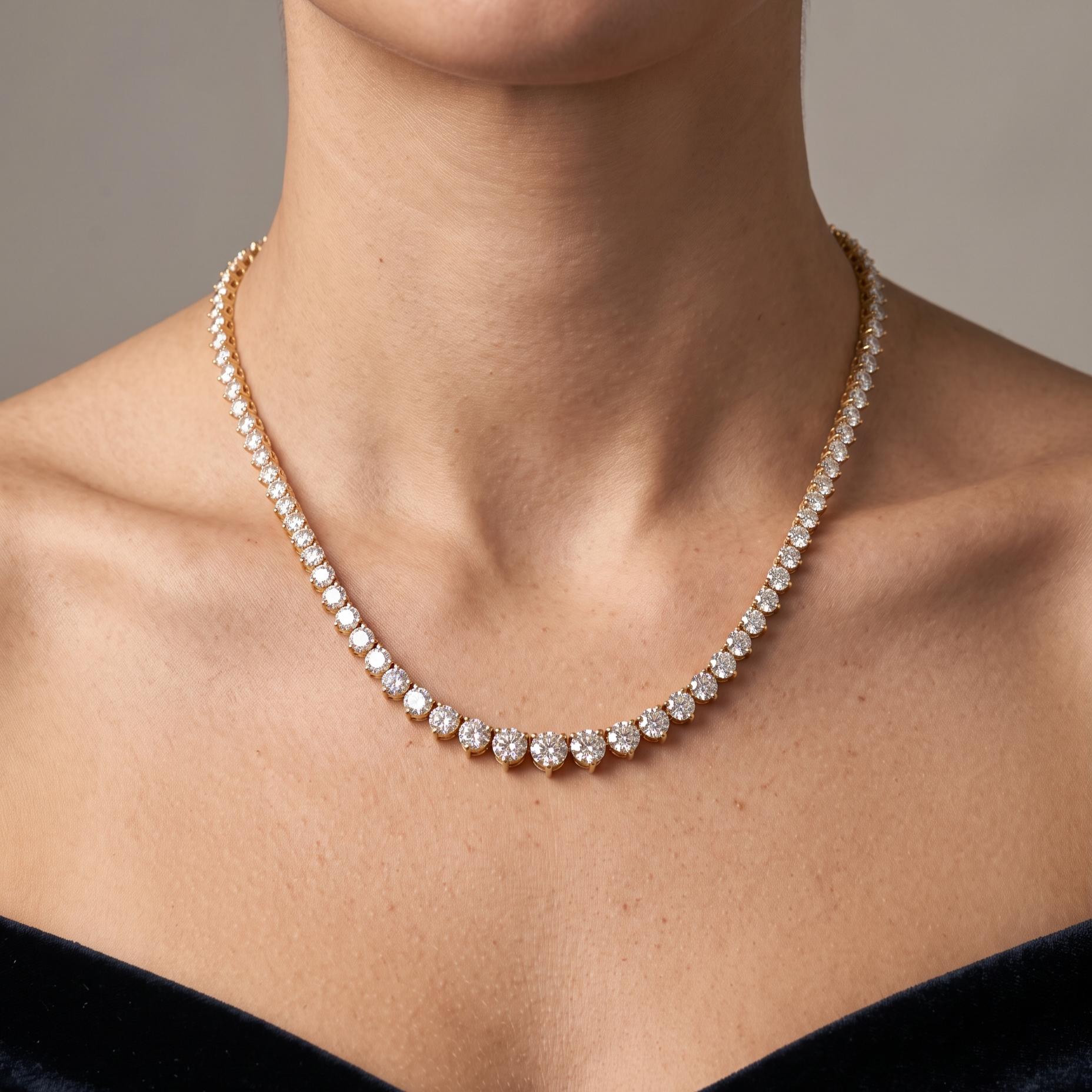18K Yellow Gold Riviera Necklace with 8.83 Carat Round G SI Diamonds 17 Inch