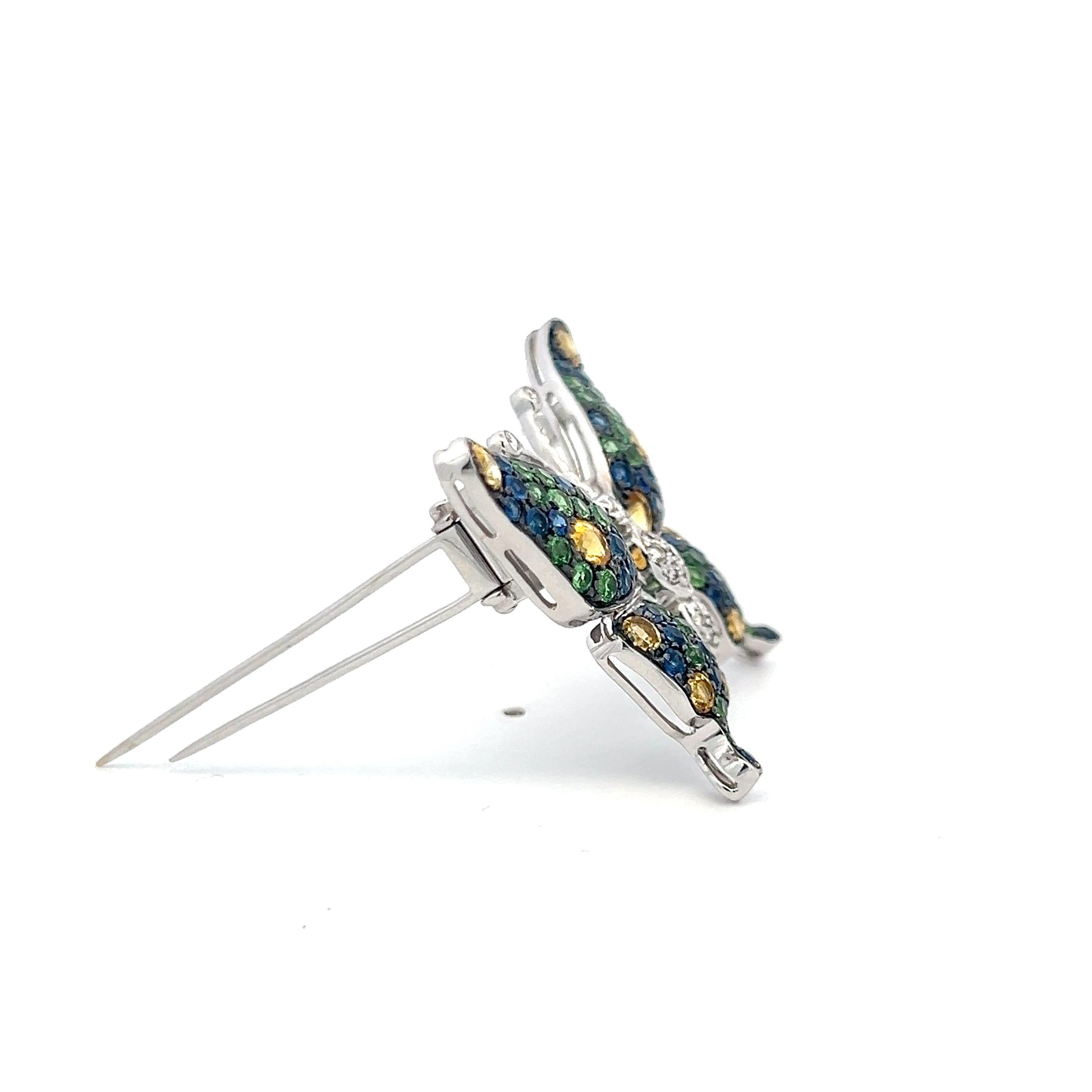 18K WG Butterfly Pin Brooch 0.14ct Diamonds 1.2ct Sapphires & 0.8ct Demantoid
