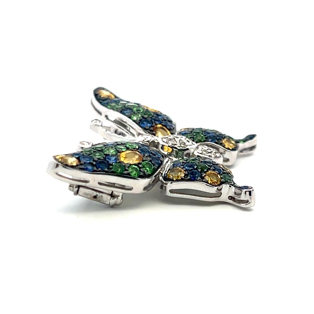 18K WG Butterfly Pin Brooch 0.14ct Diamonds 1.2ct Sapphires & 0.8ct Demantoid