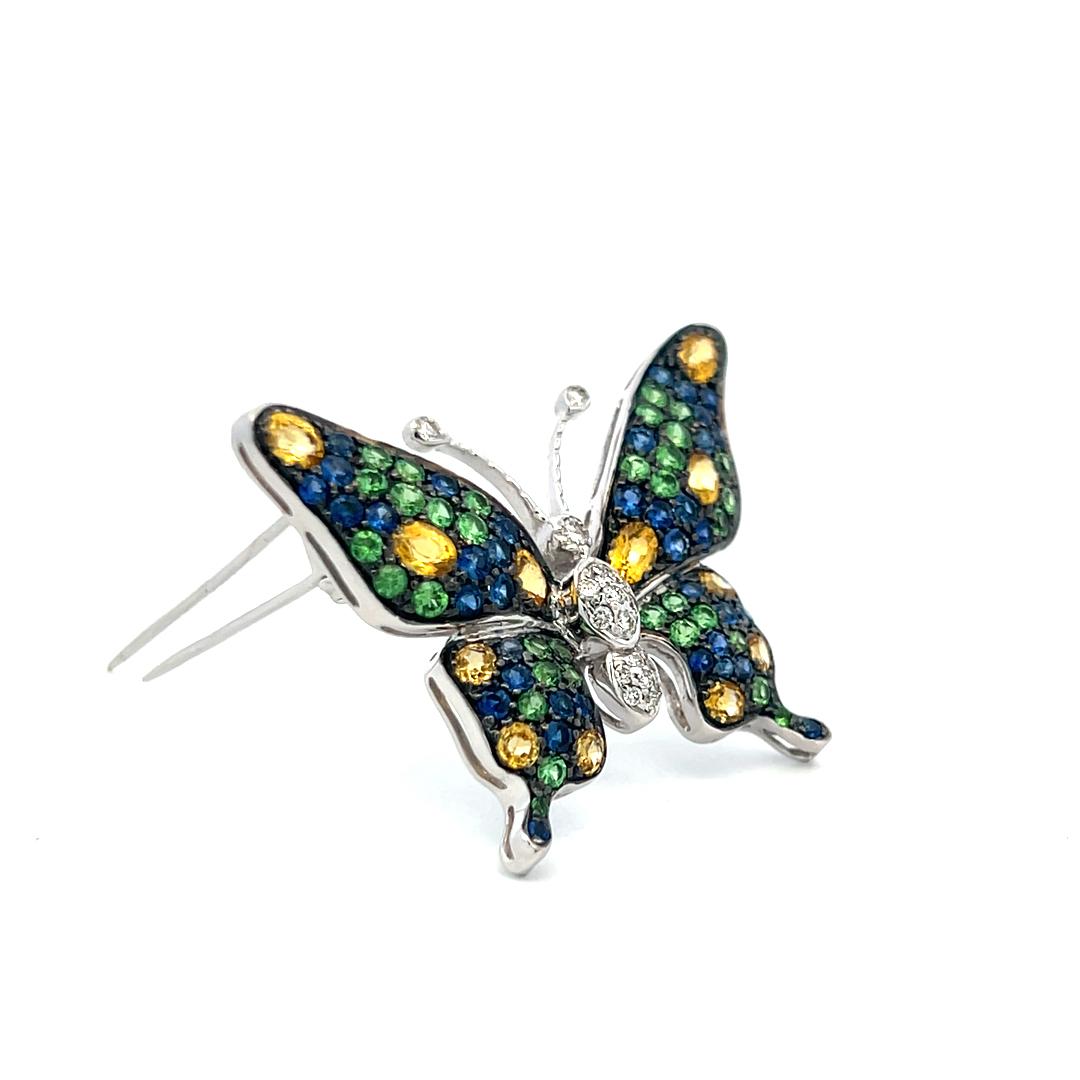 18K WG Butterfly Pin Brooch 0.14ct Diamonds 1.2ct Sapphires & 0.8ct Demantoid
