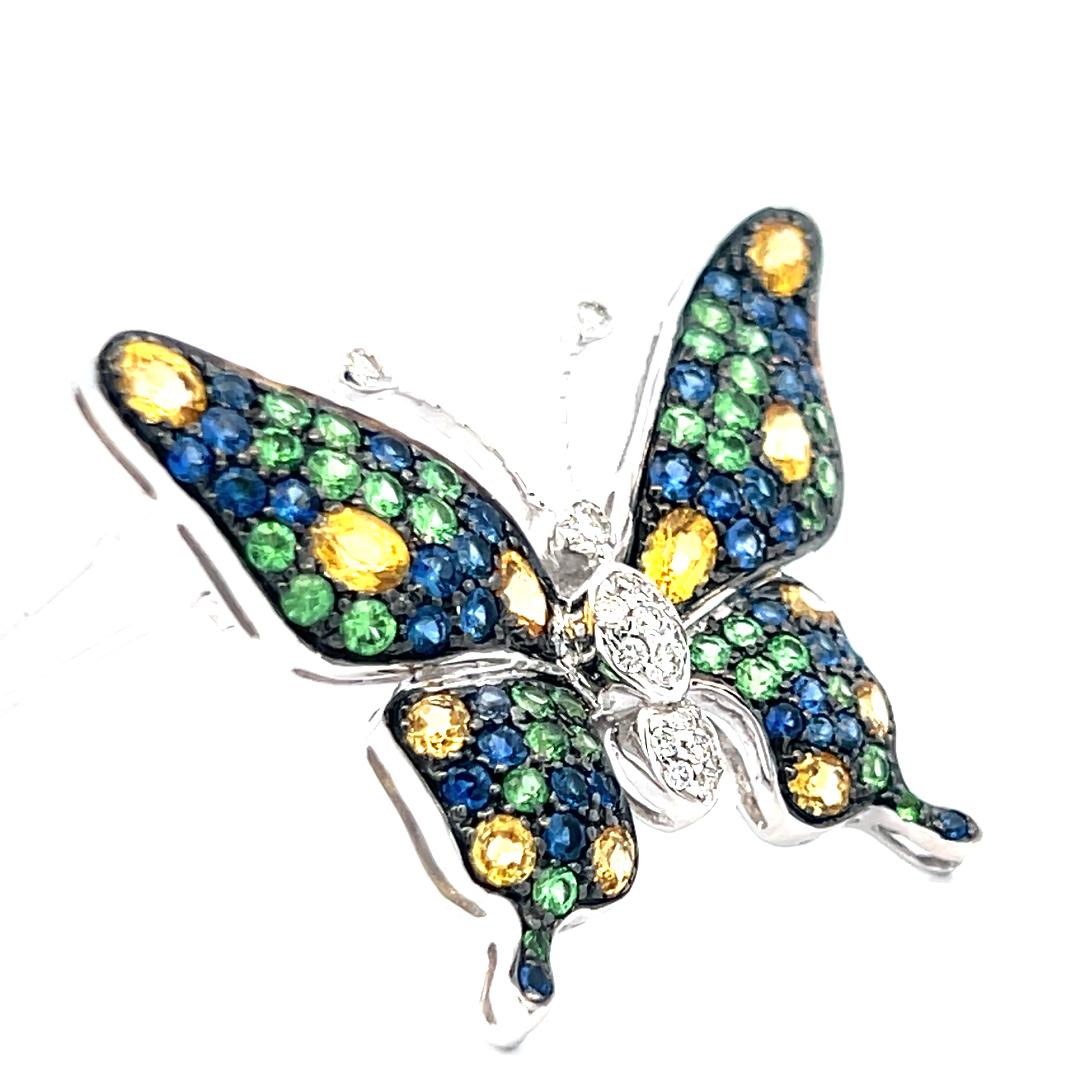 18K WG Butterfly Pin Brooch 0.14ct Diamonds 1.2ct Sapphires & 0.8ct Demantoid