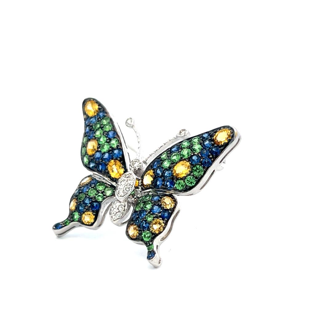 18K WG Butterfly Pin Brooch 0.14ct Diamonds 1.2ct Sapphires & 0.8ct Demantoid