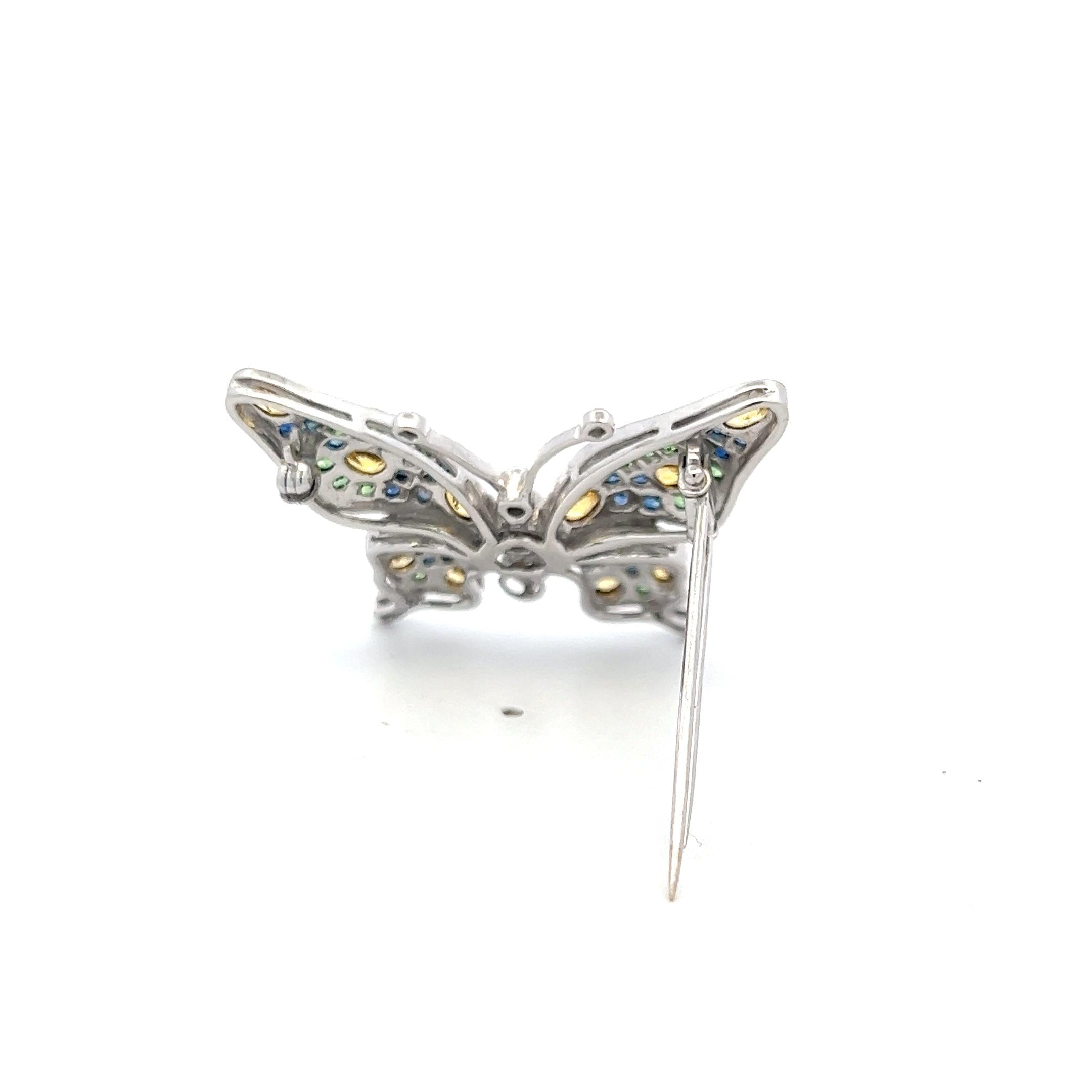 18K WG Butterfly Pin Brooch 0.14ct Diamonds 1.2ct Sapphires & 0.8ct Demantoid