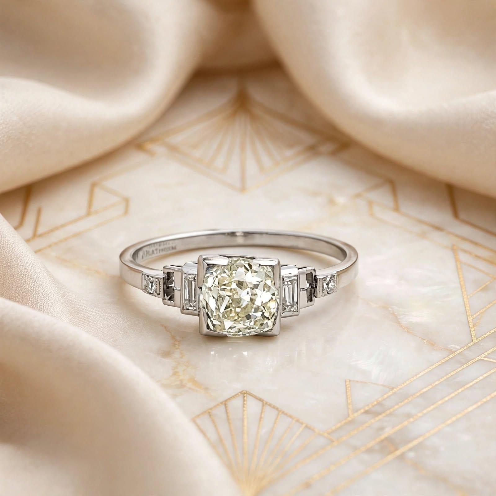 Platinum Engagement Ring with 1.36ct Old Miner & Mixed Cut Diamonds N SI1 GIA