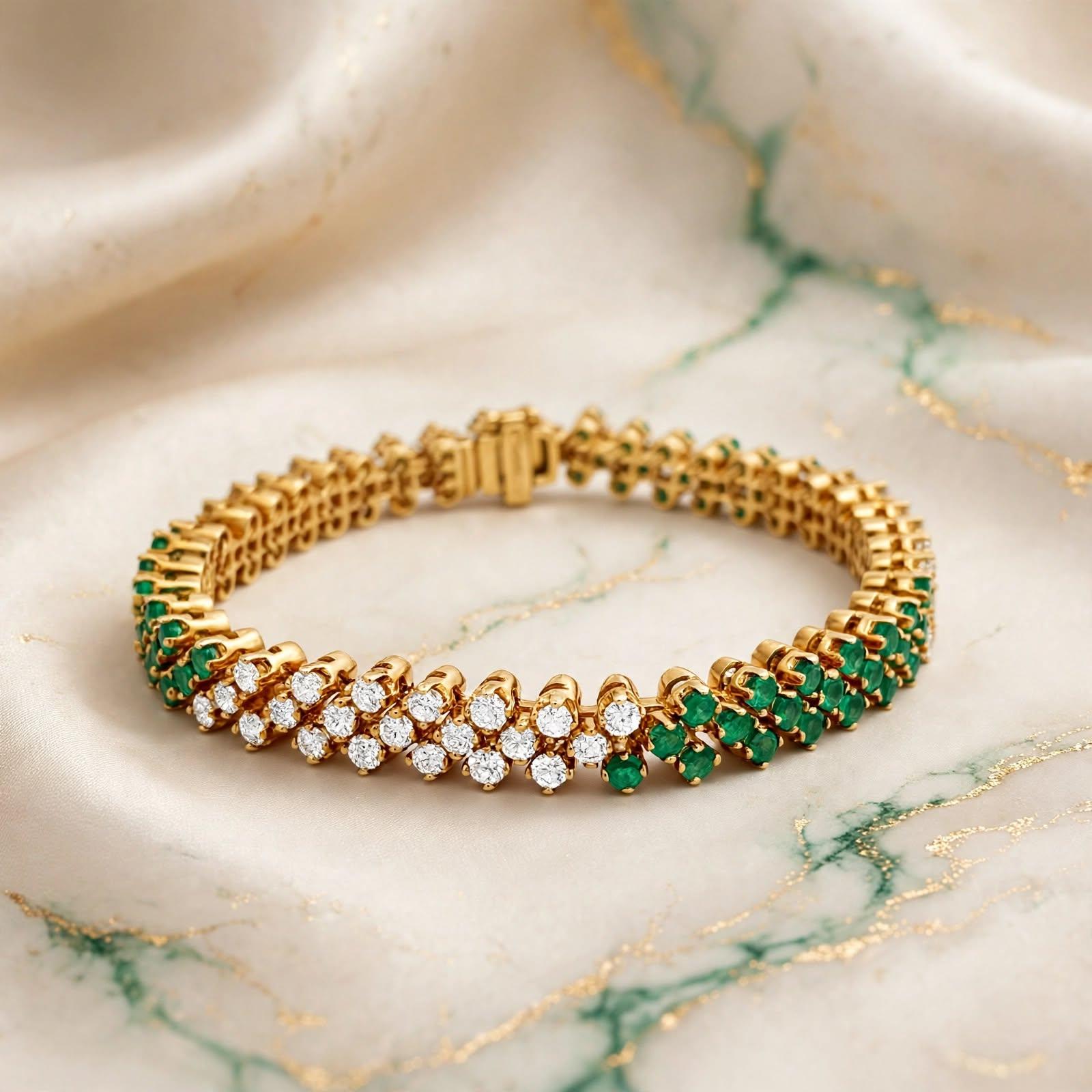 18K Yellow Gold Link Bracelet with 3.15ct Round Diamonds and 3.15ct Emeralds