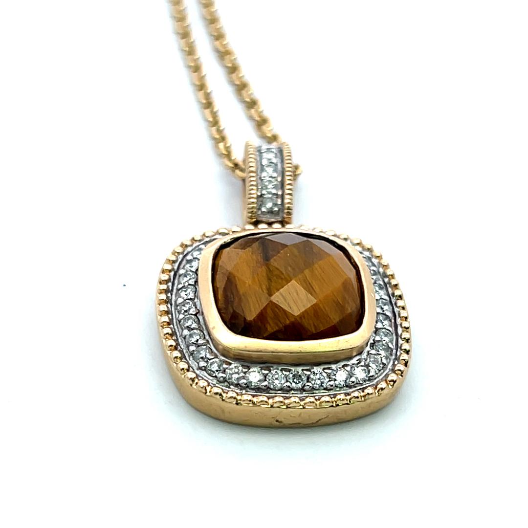 14K Yellow Gold Pendant Necklace with 0.37 Carat Round Diamonds & Tiger Eye