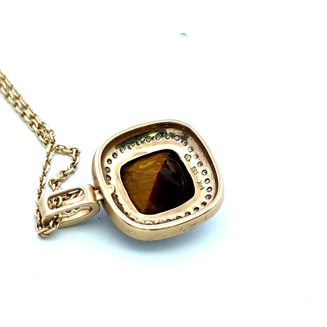 14K Yellow Gold Pendant Necklace with 0.37 Carat Round Diamonds & Tiger Eye