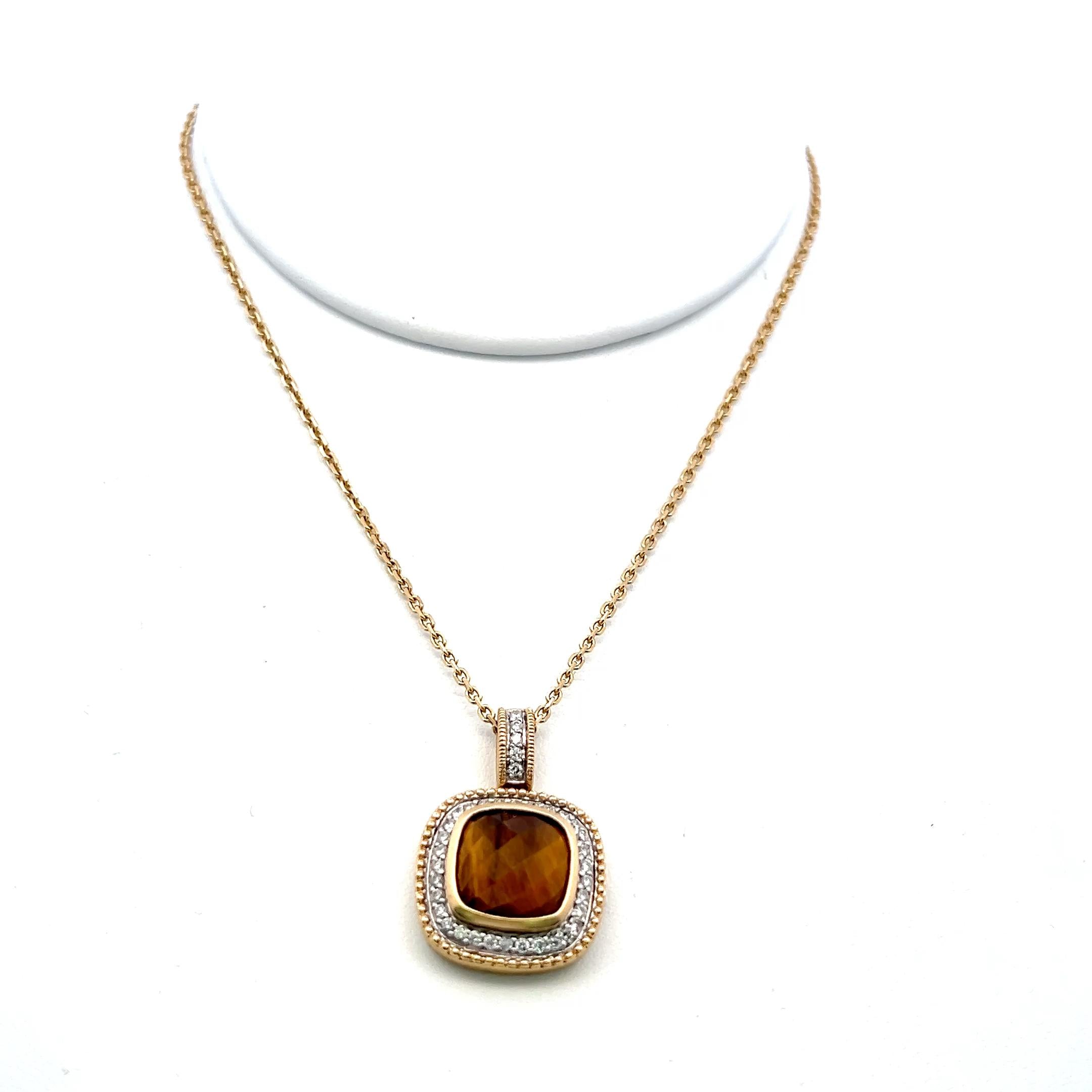 14K Yellow Gold Pendant Necklace with 0.37 Carat Round Diamonds & Tiger Eye