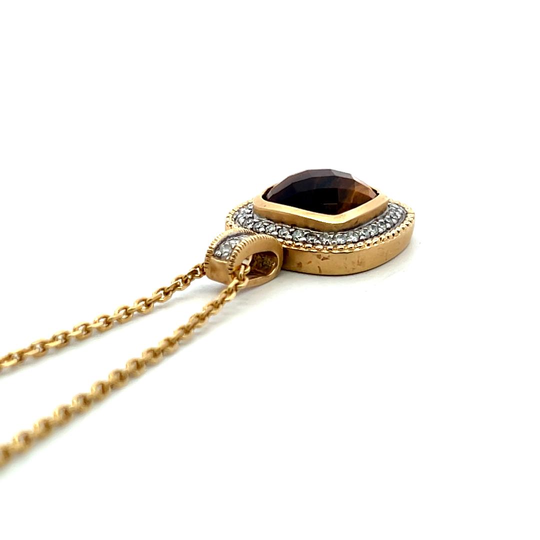 14K Yellow Gold Pendant Necklace with 0.37 Carat Round Diamonds & Tiger Eye