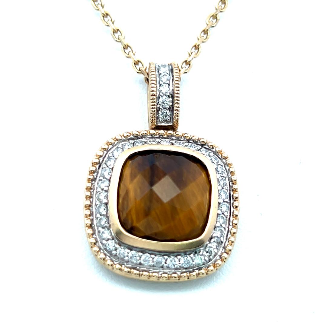 14K Yellow Gold Pendant Necklace with 0.37 Carat Round Diamonds & Tiger Eye