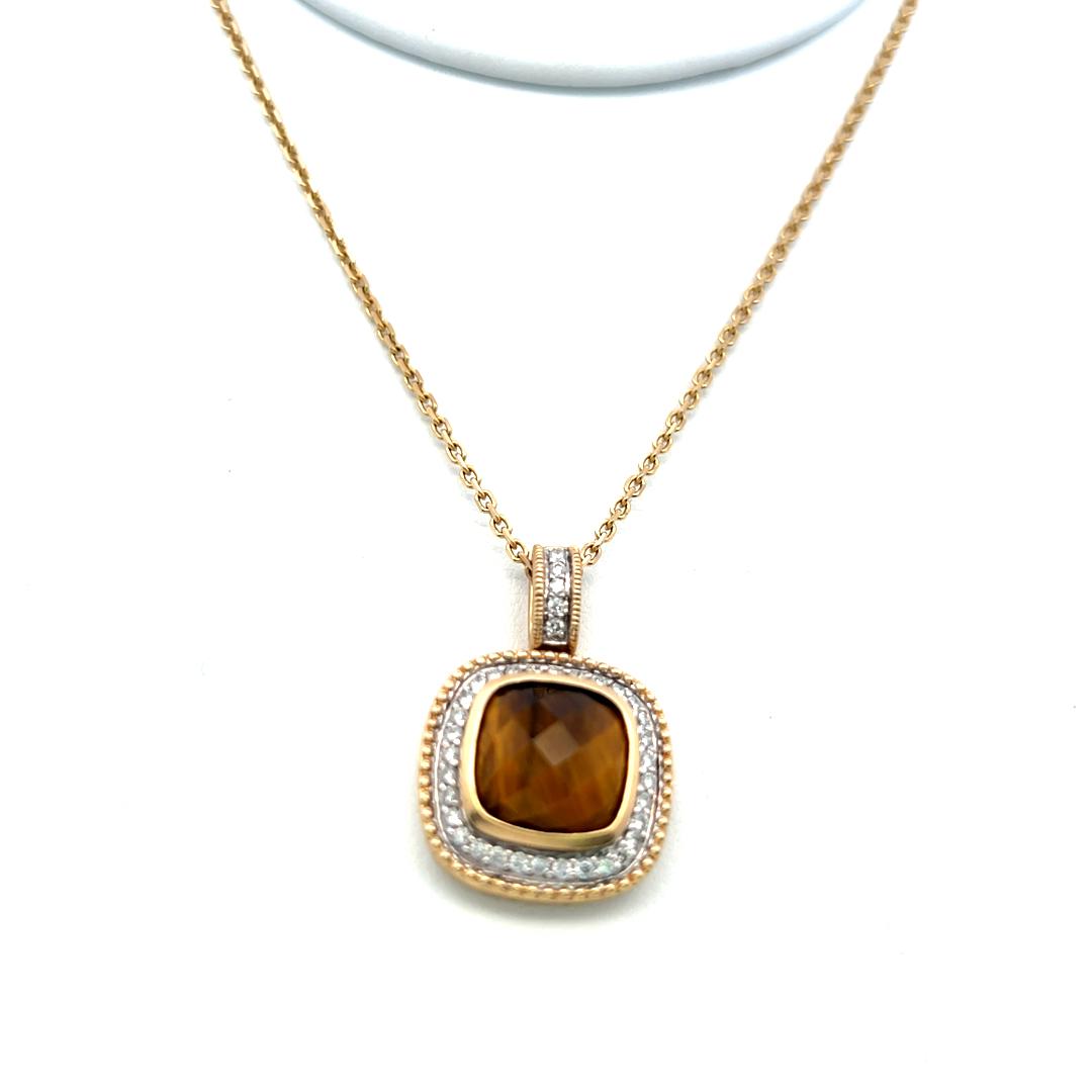 14K Yellow Gold Pendant Necklace with 0.37 Carat Round Diamonds & Tiger Eye