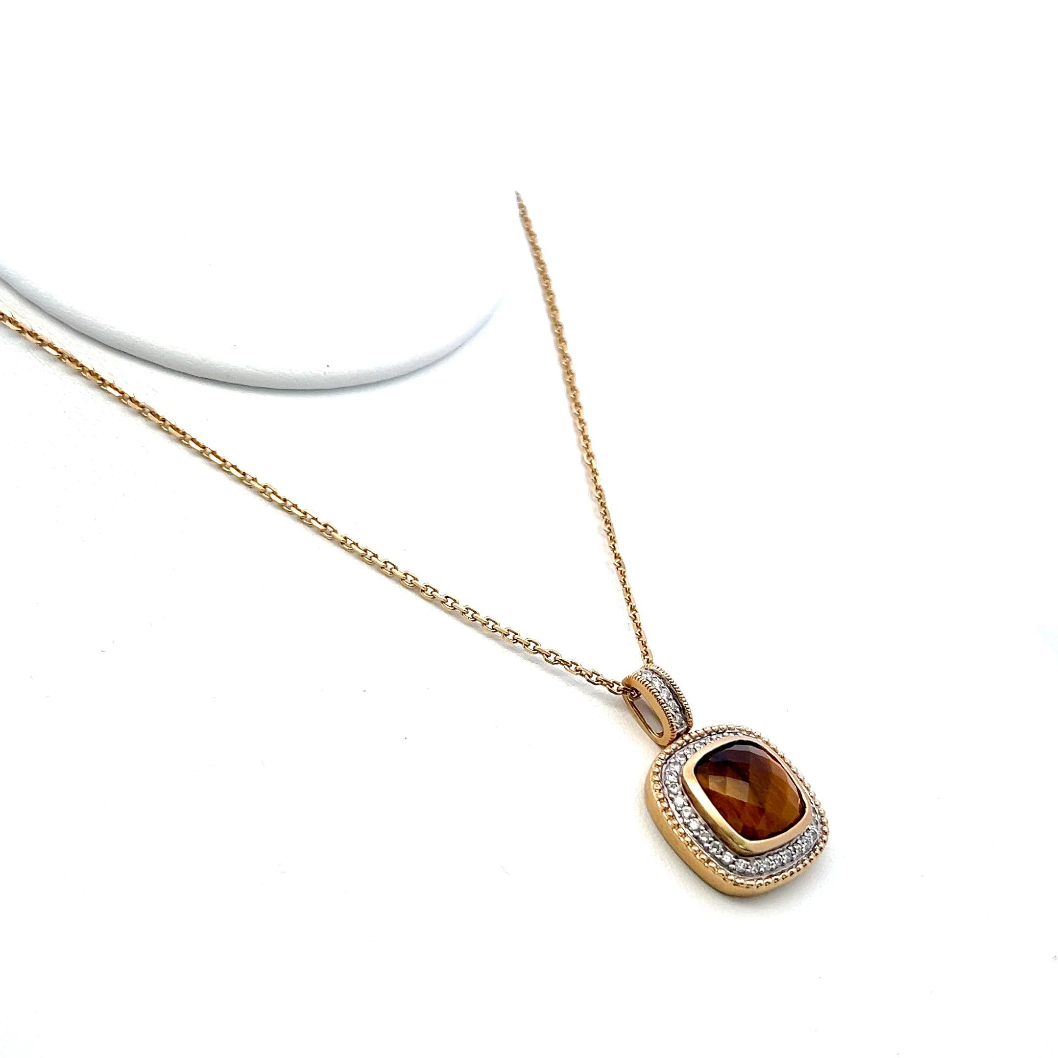 14K Yellow Gold Pendant Necklace with 0.37 Carat Round Diamonds & Tiger Eye
