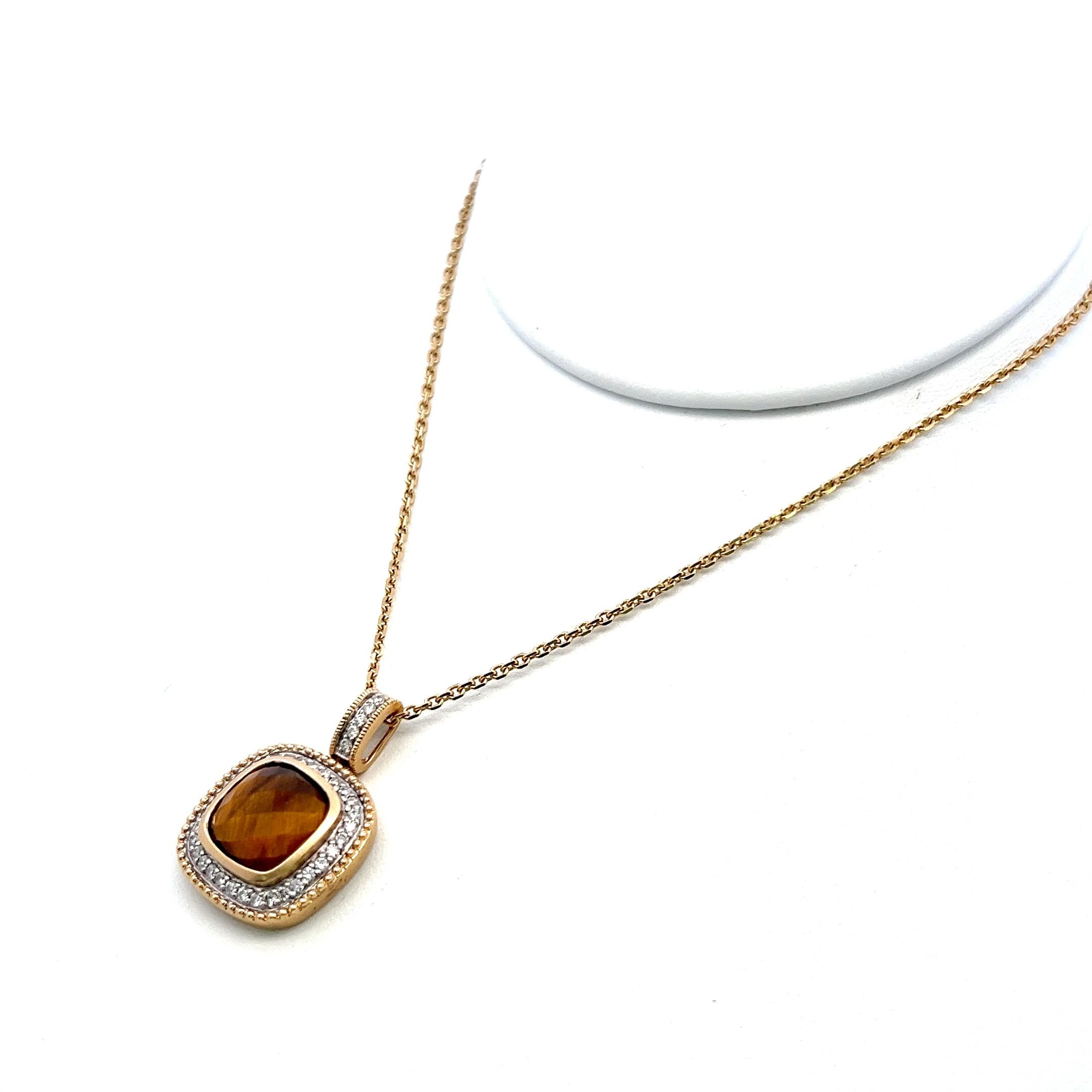 14K Yellow Gold Pendant Necklace with 0.37 Carat Round Diamonds & Tiger Eye