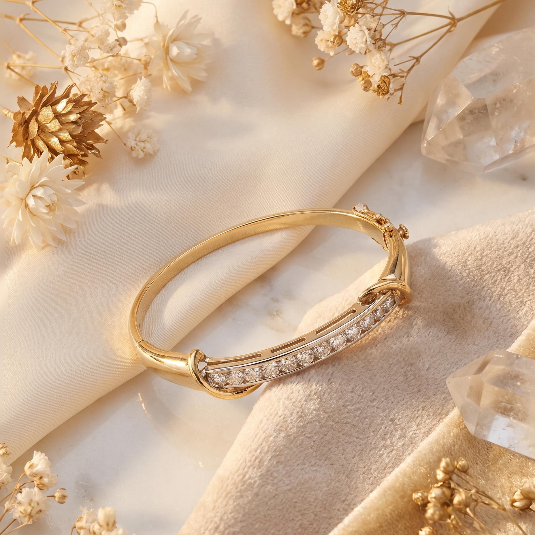 Vintage 14K Yellow Gold Bangle Bracelet with 2 Carat Round L SI Diamonds