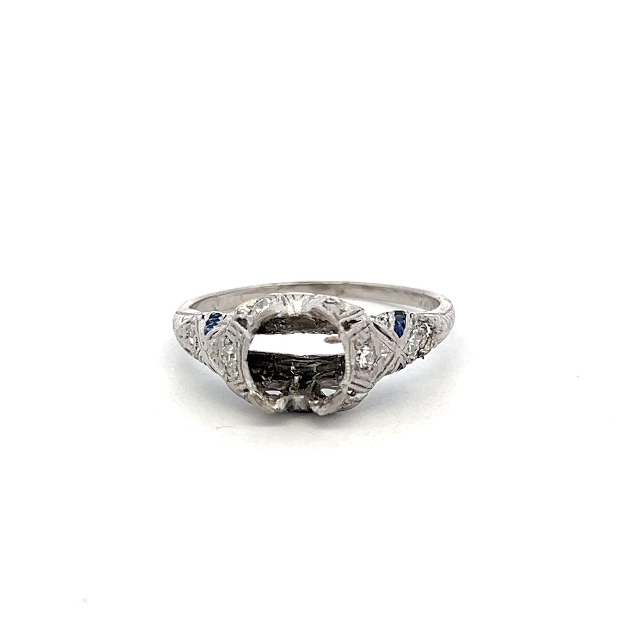 Platinum Semi Mount Ring with 0.1ct Diamonds & 0.04ct Sapphire Fits 7.8x6.3mm