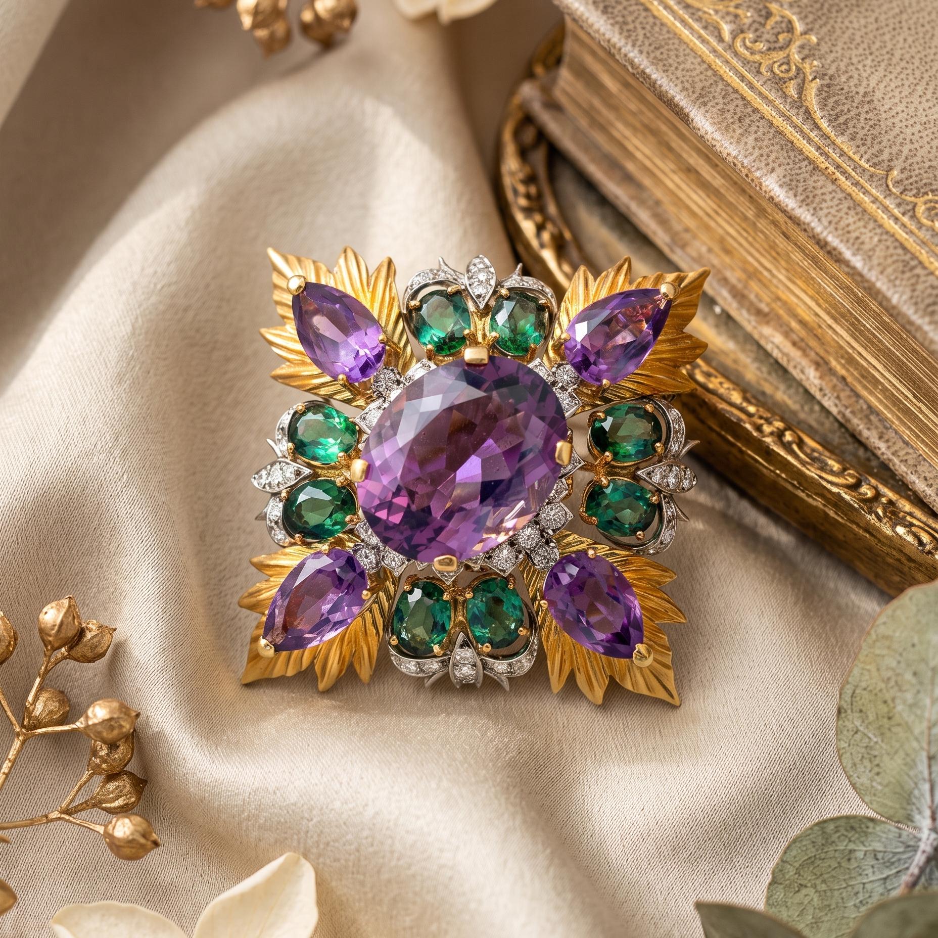 Montclair 18K YG Pin Brooch with 3.4ct Diamonds 29ct Amethysts & 8ct Tourmaline