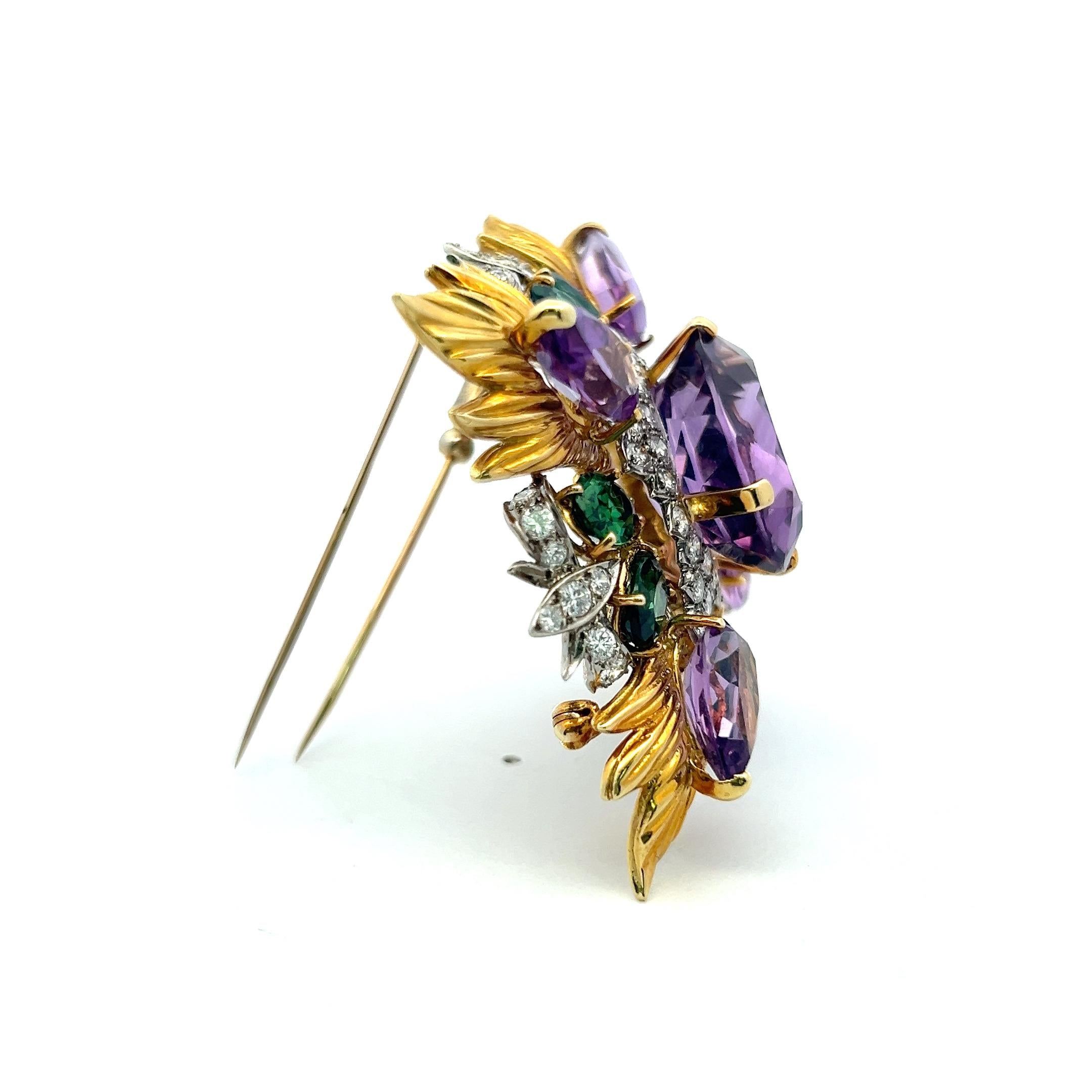 Montclair 18K YG Pin Brooch with 3.4ct Diamonds 29ct Amethysts & 8ct Tourmaline