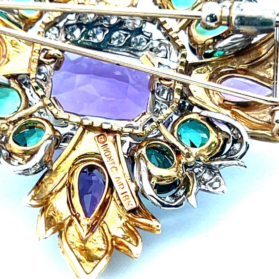 Montclair 18K YG Pin Brooch with 3.4ct Diamonds 29ct Amethysts & 8ct Tourmaline