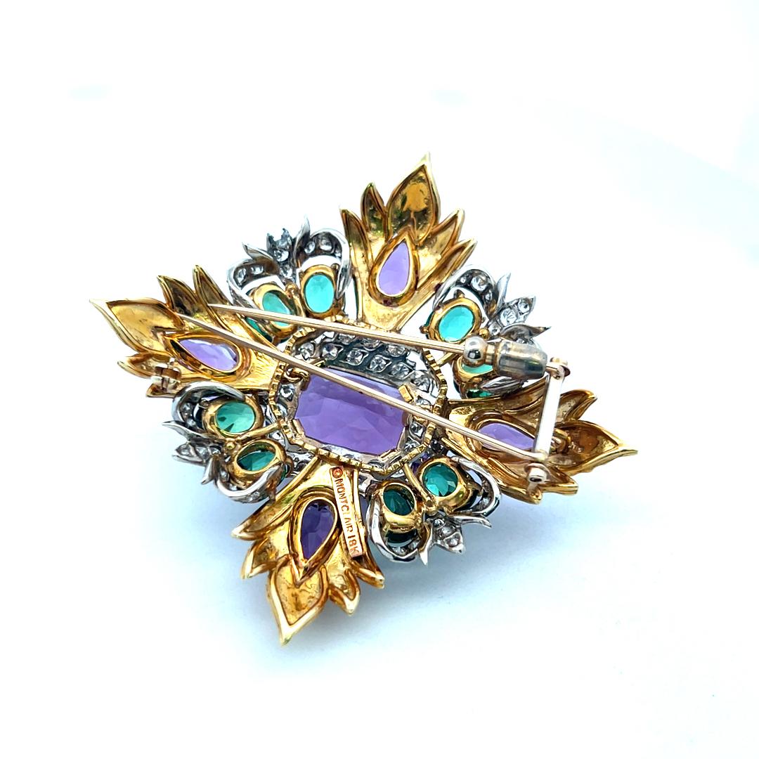 Montclair 18K YG Pin Brooch with 3.4ct Diamonds 29ct Amethysts & 8ct Tourmaline