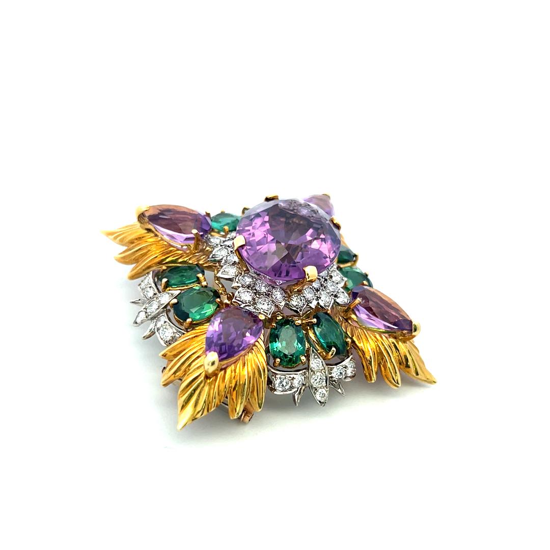 Montclair 18K YG Pin Brooch with 3.4ct Diamonds 29ct Amethysts & 8ct Tourmaline