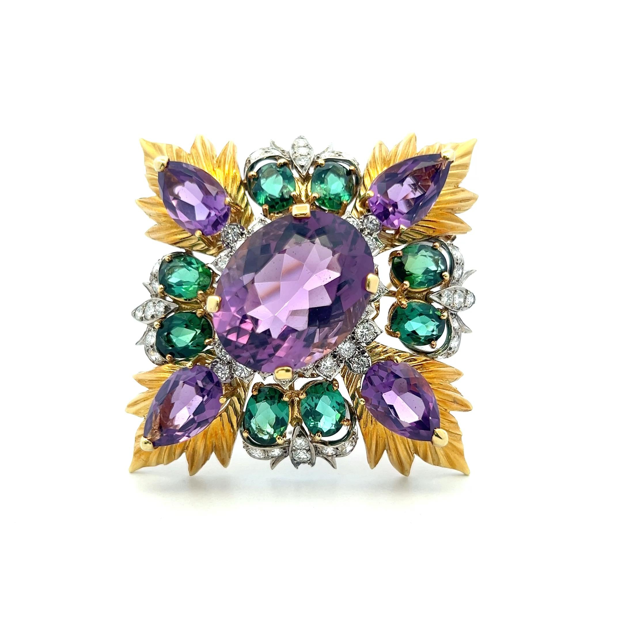 Montclair 18K YG Pin Brooch with 3.4ct Diamonds 29ct Amethysts & 8ct Tourmaline