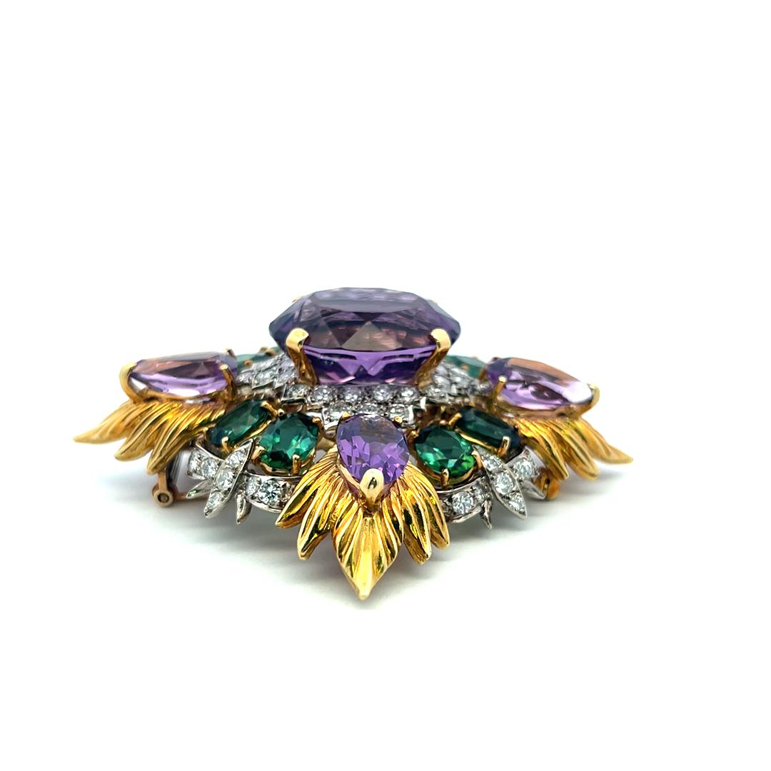 Montclair 18K YG Pin Brooch with 3.4ct Diamonds 29ct Amethysts & 8ct Tourmaline