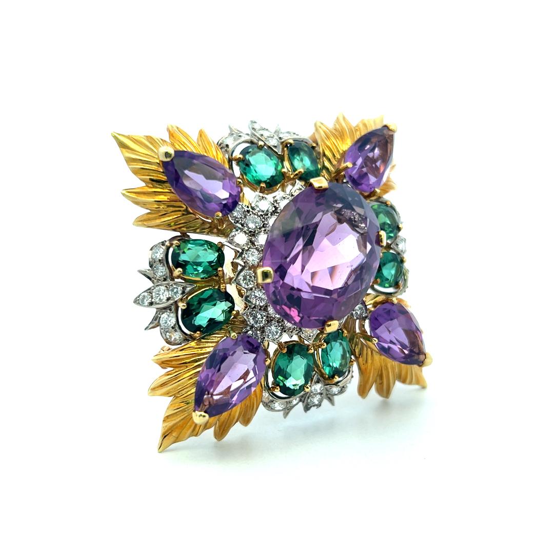 Montclair 18K YG Pin Brooch with 3.4ct Diamonds 29ct Amethysts & 8ct Tourmaline