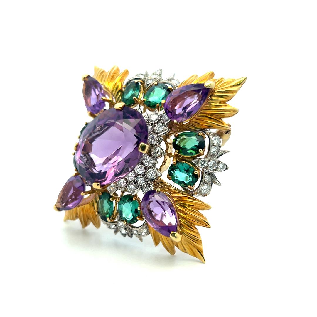 Montclair 18K YG Pin Brooch with 3.4ct Diamonds 29ct Amethysts & 8ct Tourmaline